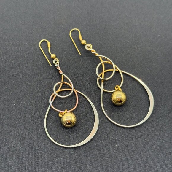 Gold Silver Tricolor Dangle Drop Statement Earrings Abstract Twisted Wire Hoop - Picture 1 of 13